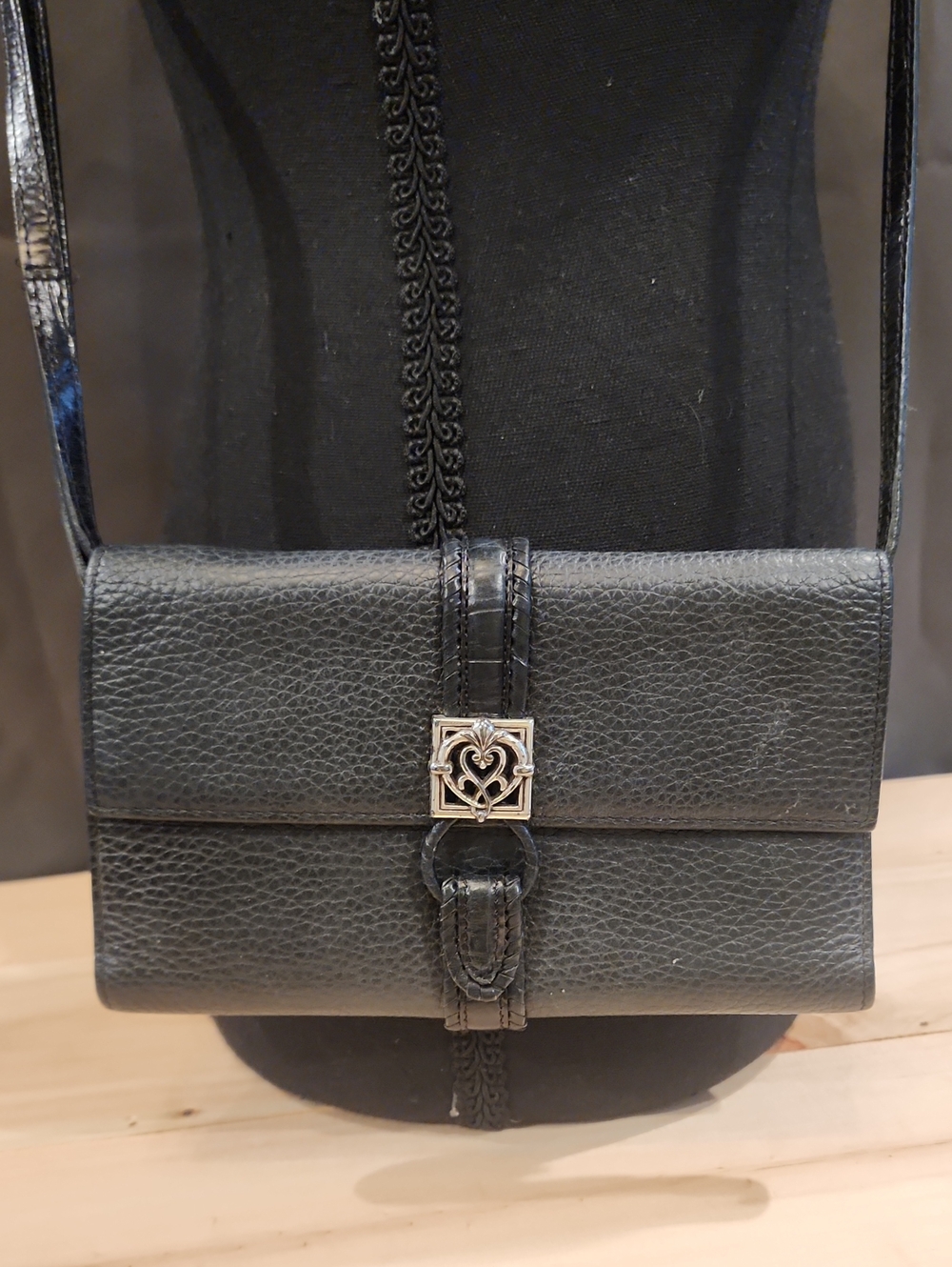 Brighton Black Leather Crossbody Clutch with Silver Heart Accent